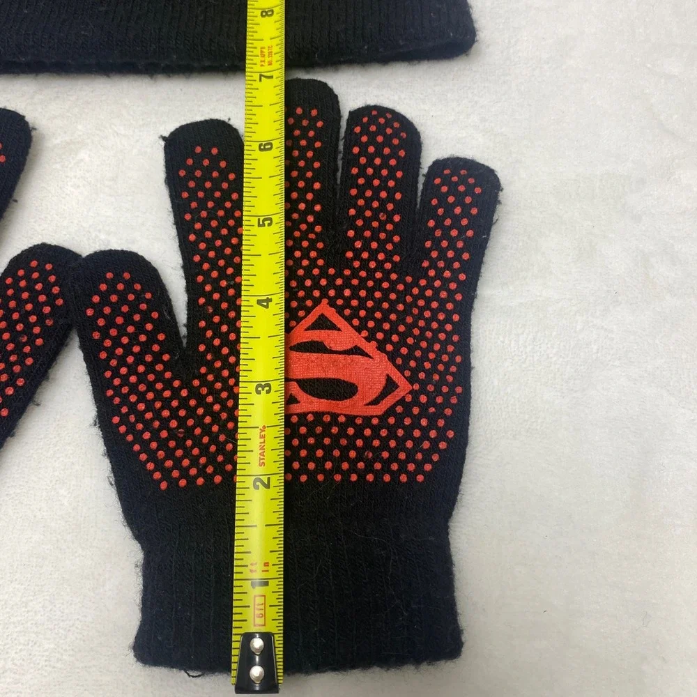 VTG Childs Superman Knit Beanie Hat Gloves‎ Set Black Red S Shield Logo Winter